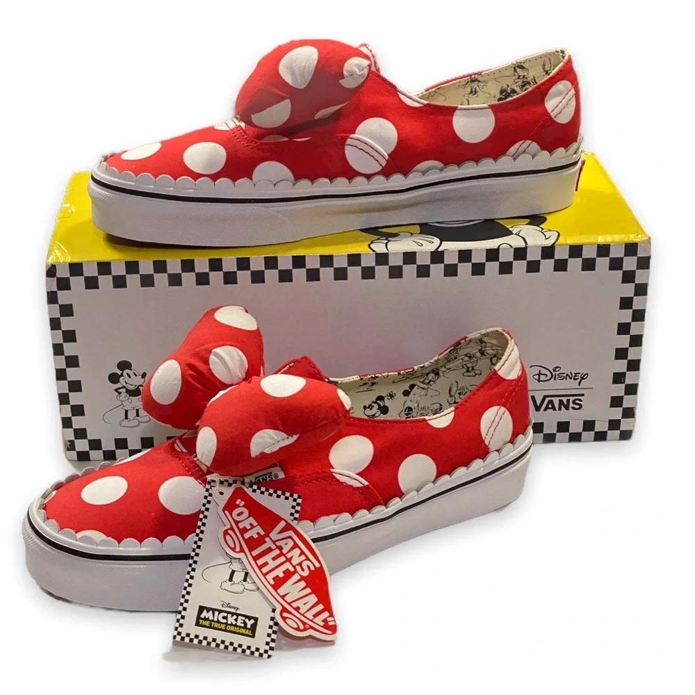 NWT Vans x Disney Minnie Mouse Red Polka Dot Puffy Bow Slip On Sneakers Size 9 - Picture 3 of 11